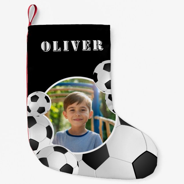 Calcetín Navideño Pequeño Personalized Soccer Ball Football Boy Photo  (Anverso)