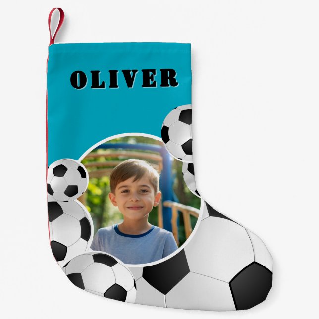 Calcetín Navideño Pequeño Personalized Soccer Ball Football Boy Photo  (Anverso)