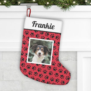 Calcetín Navideño Pequeño Pet Dog Red and Black Paw Prints Custom Photo