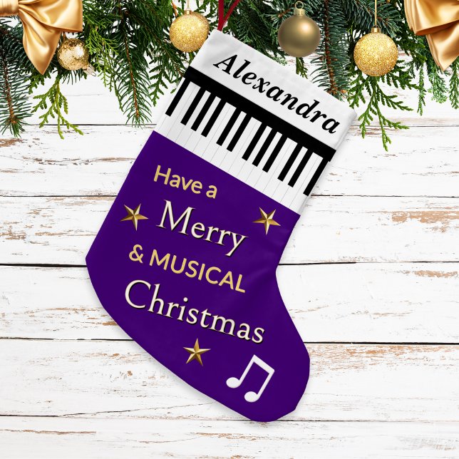 Calcetín Navideño Pequeño Piano Keys Purple Musical Instrumental Nombre pers (A personalized, purple Christmas stocking with black and white piano keys and festive greeting)