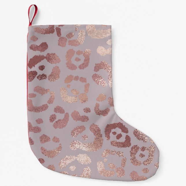 Calcetín Navideño Pequeño Piel leopardo: elegancia dorada rosa. (Anverso)