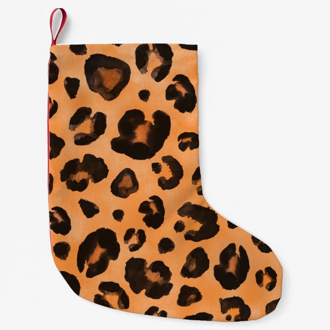 Calcetín Navideño Pequeño Pieles de leopardo, acuarela, textura sin costuras (Anverso)