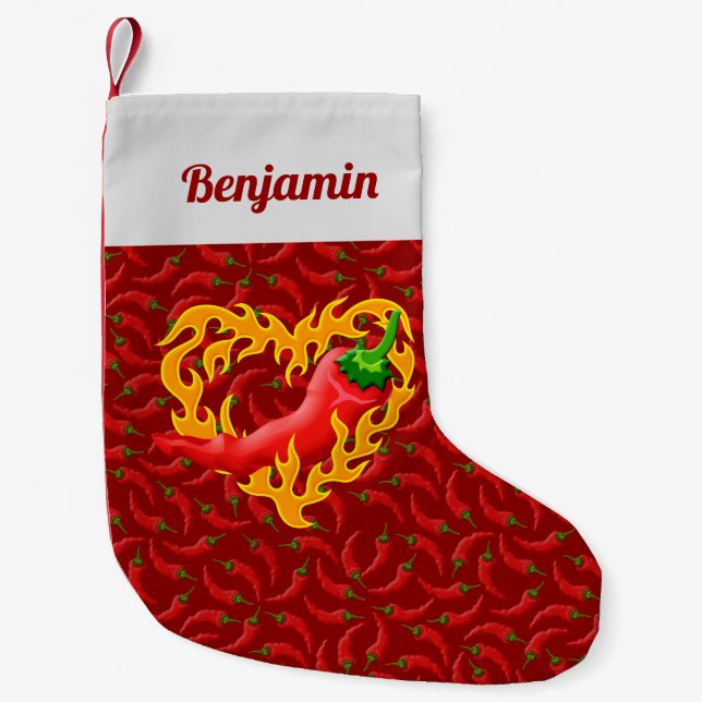 Calcetín Navideño Pequeño Pimienta chile con corazón inflamado en fondo rojo (Anverso)