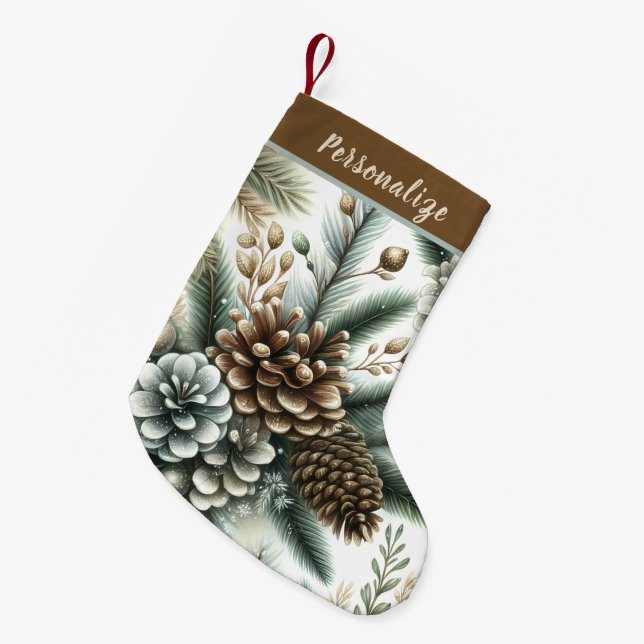 Calcetín Navideño Pequeño Piñas Elegantes de Plata y Bronce Personalizadas (Frente (Colgado))