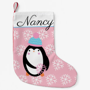 Calcetín Navideño Pequeño Pingüino adorable sosteniendo copos de nieve