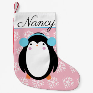Calcetín Navideño Pequeño Pingüino Chubby Adorable con copos de nieve