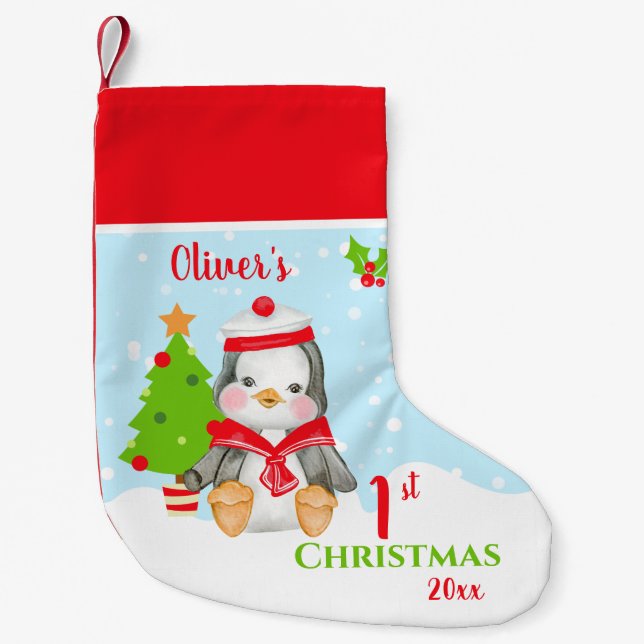 Calcetín Navideño Pequeño Pingüino de Navidad (Anverso)