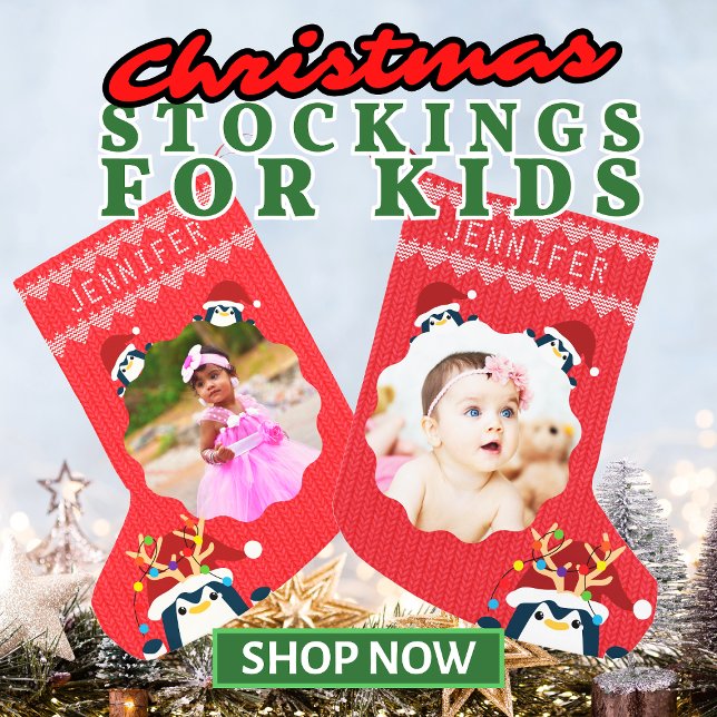 Calcetín Navideño Pequeño Pingüino divertido tu nombre de foto bebé pequeño  (Penguins Christmas Stockings for Kids and Toddlers with Custom Name & Photo Christmas Sweater Style)