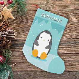 Calcetín Navideño Pequeño Pingüino lindo con el nombre del Personalizado hel