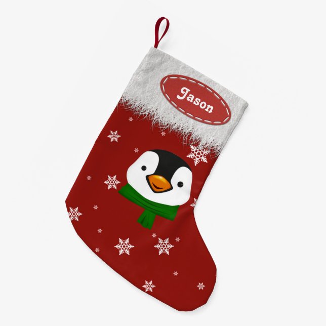 Calcetín Navideño Pequeño Pingüino y copos de nieve - medias de Navidades (Frente (Colgado))