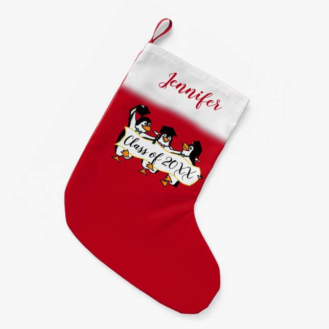 Calcetín Navideño Pequeño Pingüinos Con Graduación De Pancarta (Frente (Colgado))