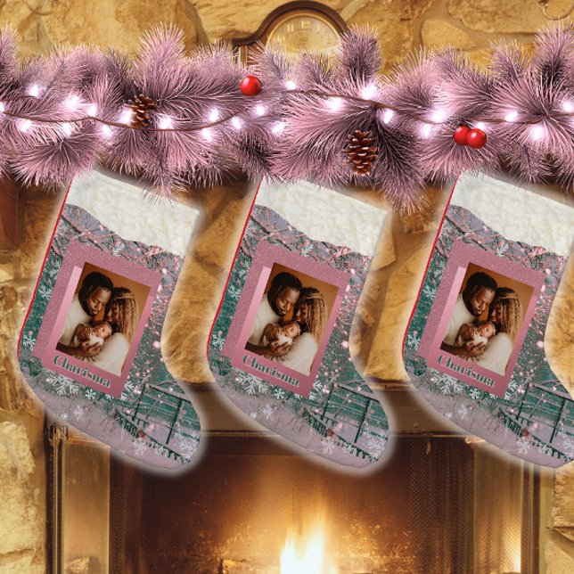 Calcetín Navideño Pequeño Pink Name Winter Christmas Family Photo (Subido por el creador)