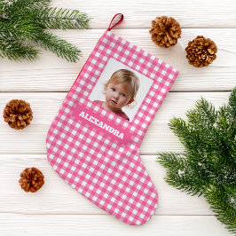 Calcetín Navideño Pequeño Pink Plaid Girl Photo & Name Rustic Gingham Checks