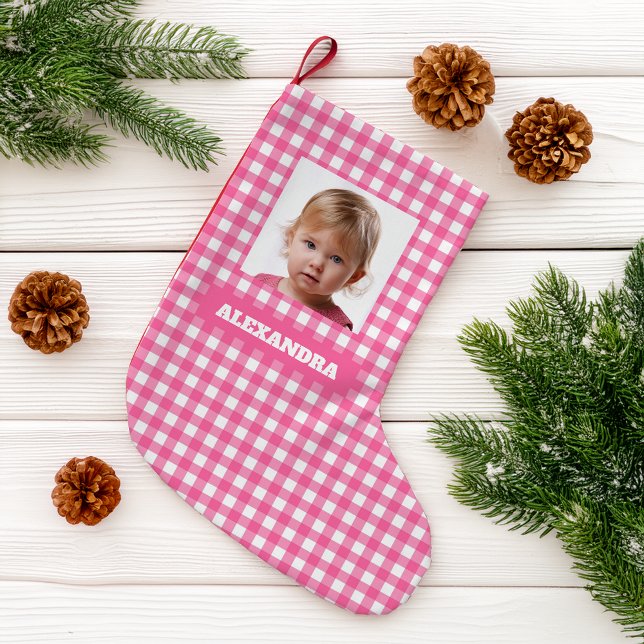 Calcetín Navideño Pequeño Pink Plaid Girl Photo & Name Rustic Gingham Checks (Subido por el creador)