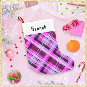 Calcetín Navideño Pequeño Pink Plaid Winter Patterned Personalizado