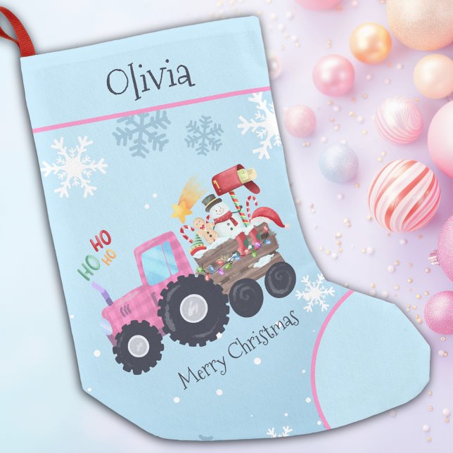 Calcetín Navideño Pequeño Pink Tractor Merry Christmas Name (Subido por el creador)