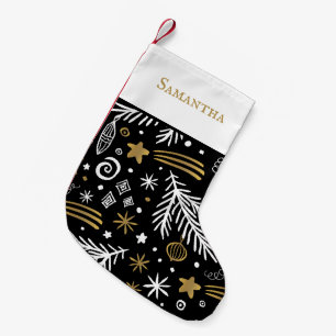 Calcetín Navideño Pequeño Pino doodle de oro negro con nombre festivo