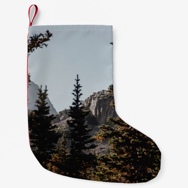 CALCETÍN NAVIDEÑO PEQUEÑO PINOS VERDES CERCA DE LA MONTAÑA DURANTE EL DÍA (Anverso)