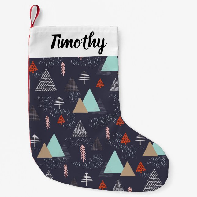 Calcetín Navideño Pequeño Pinos verdes dibujados a mano en nieve de noche (Anverso)