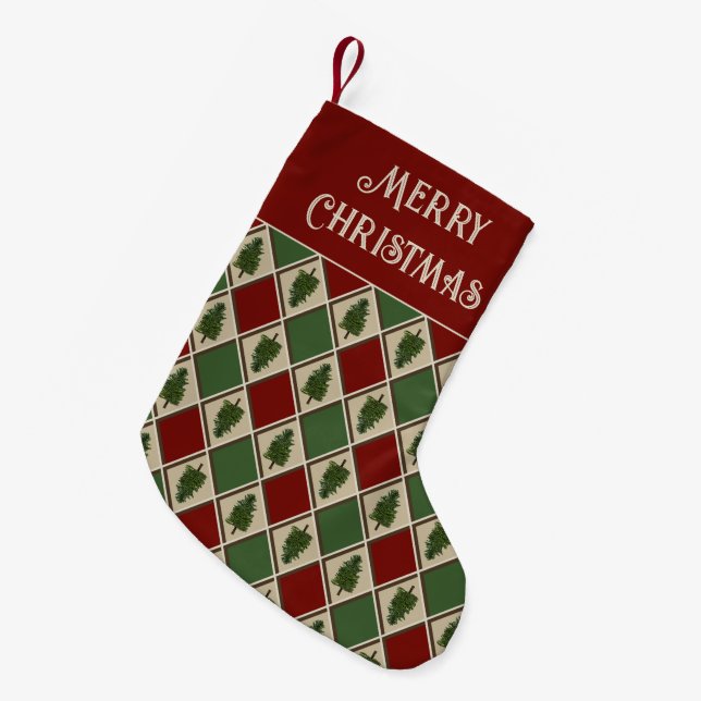 Calcetín Navideño Pequeño Pinos y Harlequin Holiday Stocking (Frente (Colgado))
