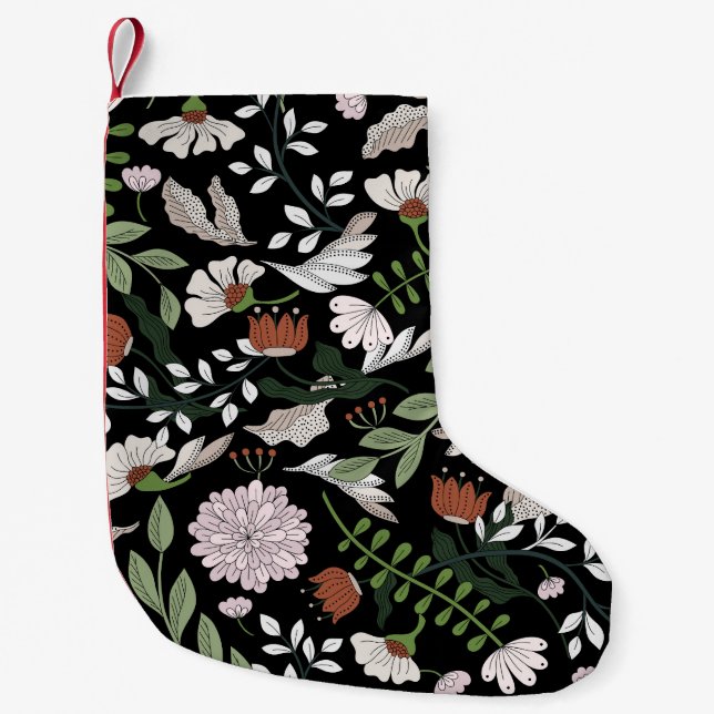 Calcetín Navideño Pequeño Pintado de flores antiguas de grabado (Anverso)