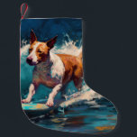 Calcetín Navideño Pequeño Pintado de surf Bull Terrier Beach<br><div class="desc">Sumérgete en el mundo lúdico de la aventura canina con esta pintura cautivadora. Un perro animado lleva a las olas, subiendo con habilidad al surf en una playa con sol. El vibrante arte captura bellamente la esencia de la emoción en la playa mientras el perro recorre sin miedo las olas,...</div>