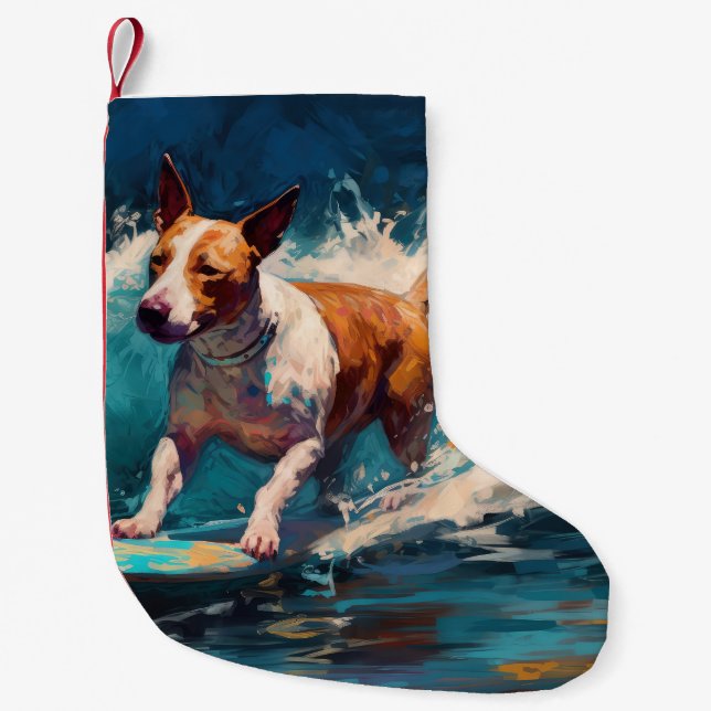Calcetín Navideño Pequeño Pintado de surf Bull Terrier Beach (Anverso)