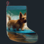 Calcetín Navideño Pequeño Pintado de surf en Australian Terrier Beach<br><div class="desc">Sumérgete en el mundo lúdico de la aventura canina con esta pintura cautivadora. Un perro animado lleva a las olas, subiendo con habilidad al surf en una playa con sol. El vibrante arte captura bellamente la esencia de la emoción en la playa mientras el perro recorre sin miedo las olas,...</div>