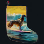 Calcetín Navideño Pequeño Pintado de surf en Hound Beach Afgano<br><div class="desc">Sumérgete en el mundo lúdico de la aventura canina con esta pintura cautivadora. Un perro animado lleva a las olas, subiendo con habilidad al surf en una playa con sol. El vibrante arte captura bellamente la esencia de la emoción en la playa mientras el perro recorre sin miedo las olas,...</div>