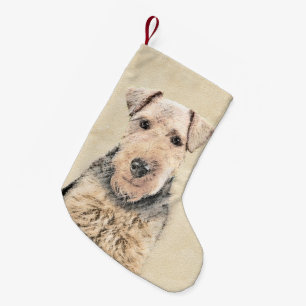 Calcetín Navideño Pequeño Pintado de Welsh Terrier - Arte de Perro Original.