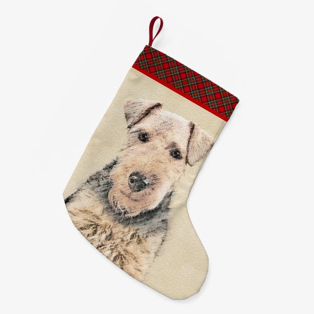 Calcetín Navideño Pequeño Pintado de Welsh Terrier - Arte de Perro Original. (Frente (Colgado))