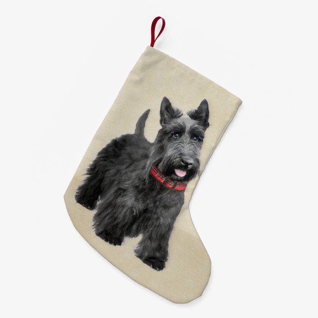Calcetín Navideño Pequeño Pintado Terrier Escocés - Arte Perro Original (Frente (Colgado))