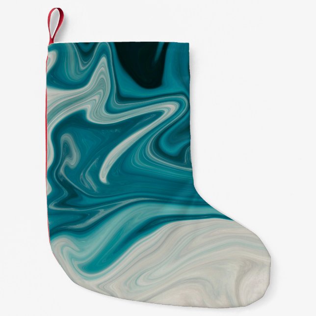 Calcetín Navideño Pequeño Pintura abstracta blanca y verde azulada (Anverso)