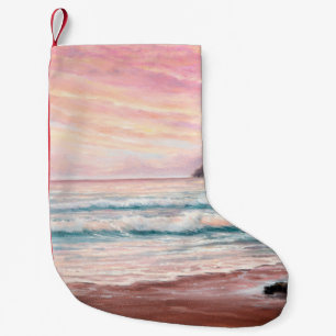 Calcetín Navideño Pequeño  pintura al óleo de una hermosa puesta de sol púrp