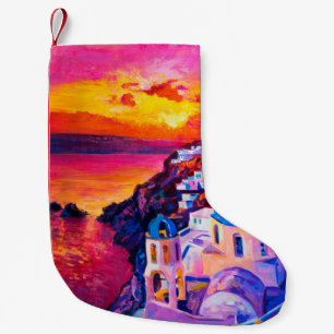 Calcetín Navideño Pequeño  pintura al óleo sobre lienzo. Atardecer sobre la 