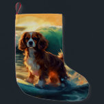 Calcetín Navideño Pequeño Pintura Cavalier King Beach para surf<br><div class="desc">Sumérgete en el mundo lúdico de la aventura canina con esta pintura cautivadora. Un perro animado lleva a las olas, subiendo con habilidad al surf en una playa con sol. El vibrante arte captura bellamente la esencia de la emoción en la playa mientras el perro recorre sin miedo las olas,...</div>