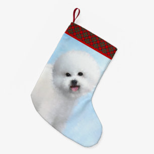 Calcetín Navideño Pequeño Pintura de Bichon Frise - Arte de Perro Original.