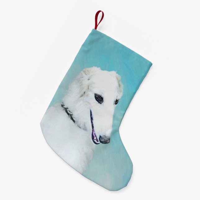 Calcetín Navideño Pequeño Pintura de Borzoi (blanco) - Arte de perro origina (Frente (Colgado))