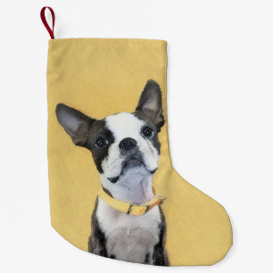 Calcetín Navideño Pequeño Pintura de Boston Terrier - Arte de Perro Original