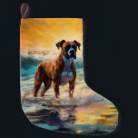Calcetín Navideño Pequeño Pintura de Boxer Beach Surfing<br><div class="desc">Sumérgete en el mundo lúdico de la aventura canina con esta pintura cautivadora. Un perro animado lleva a las olas, subiendo con habilidad al surf en una playa con sol. El vibrante arte captura bellamente la esencia de la emoción en la playa mientras el perro recorre sin miedo las olas,...</div>