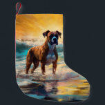 Calcetín Navideño Pequeño Pintura de Boxer Beach Surfing<br><div class="desc">Sumérgete en el mundo lúdico de la aventura canina con esta pintura cautivadora. Un perro animado lleva a las olas, subiendo con habilidad al surf en una playa con sol. El vibrante arte captura bellamente la esencia de la emoción en la playa mientras el perro recorre sin miedo las olas,...</div>