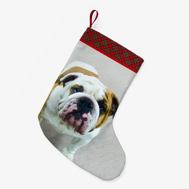 Calcetín Navideño Pequeño Pintura de bulldog - Arte de perros original y lin (Frente (Colgado))
