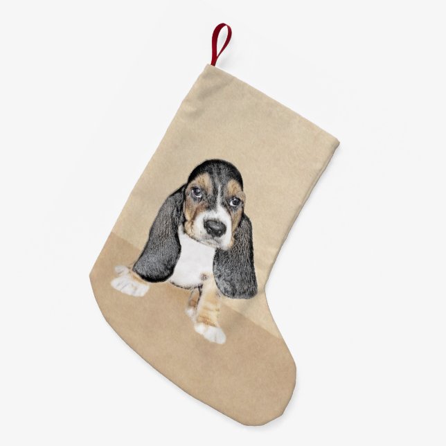 Calcetín Navideño Pequeño Pintura de cachorro de abeja de Basset - Arte Perr (Frente (Colgado))