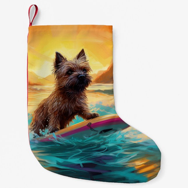 Calcetín Navideño Pequeño Pintura de Cairn Terrier Beach Surfing (Anverso)