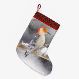 Calcetín Navideño Pequeño Pintura de Carpintero de Vientre Rojo Arte de Aves