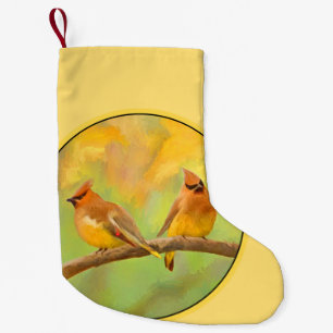 Calcetín Navideño Pequeño Pintura de cedro Waxwing - Arte de perro original 