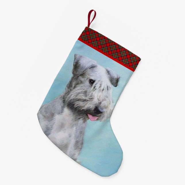 Calcetín Navideño Pequeño Pintura de Cesky Terrier - Arte de Perro Original. (Frente (Colgado))