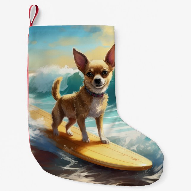 Calcetín Navideño Pequeño Pintura de Chihuahua Beach Surfing (Anverso)