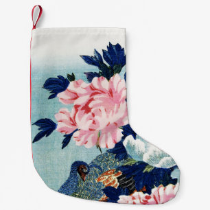 Calcetín Navideño Pequeño Pintura de flores de pavo real y peonías vintage