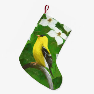Calcetín Navideño Pequeño Pintura de Goldfinch - Arte de Perro Original.